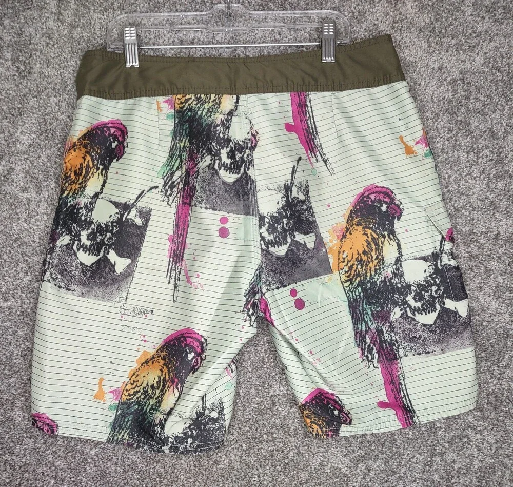 Analog Boardshorts Men 30 Multicolor Pink Skulls Parrot Motif Swim Surf Trunks